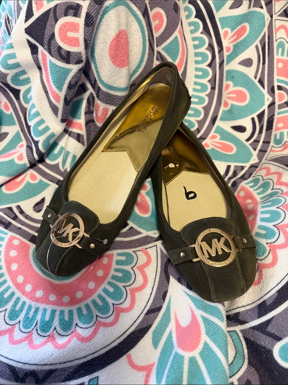 Michael Kors GREEN Suede MK Logo Slip-On Flats